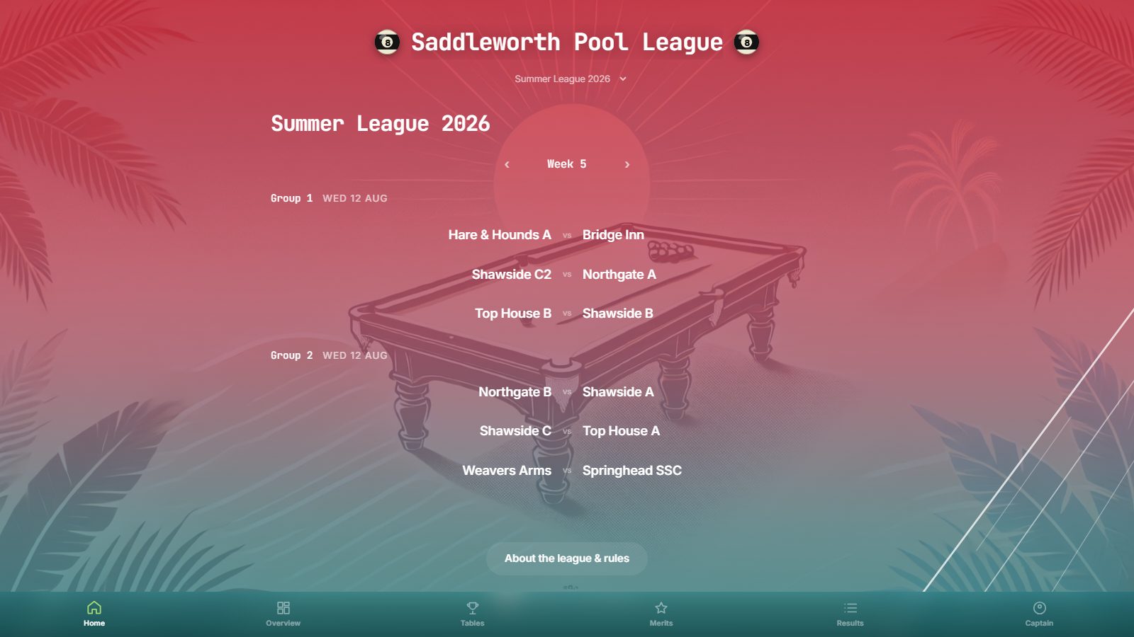 The Saddleworth Pool League site: a week of fixtures across two groups, laid over an illustrated pool table at sunset