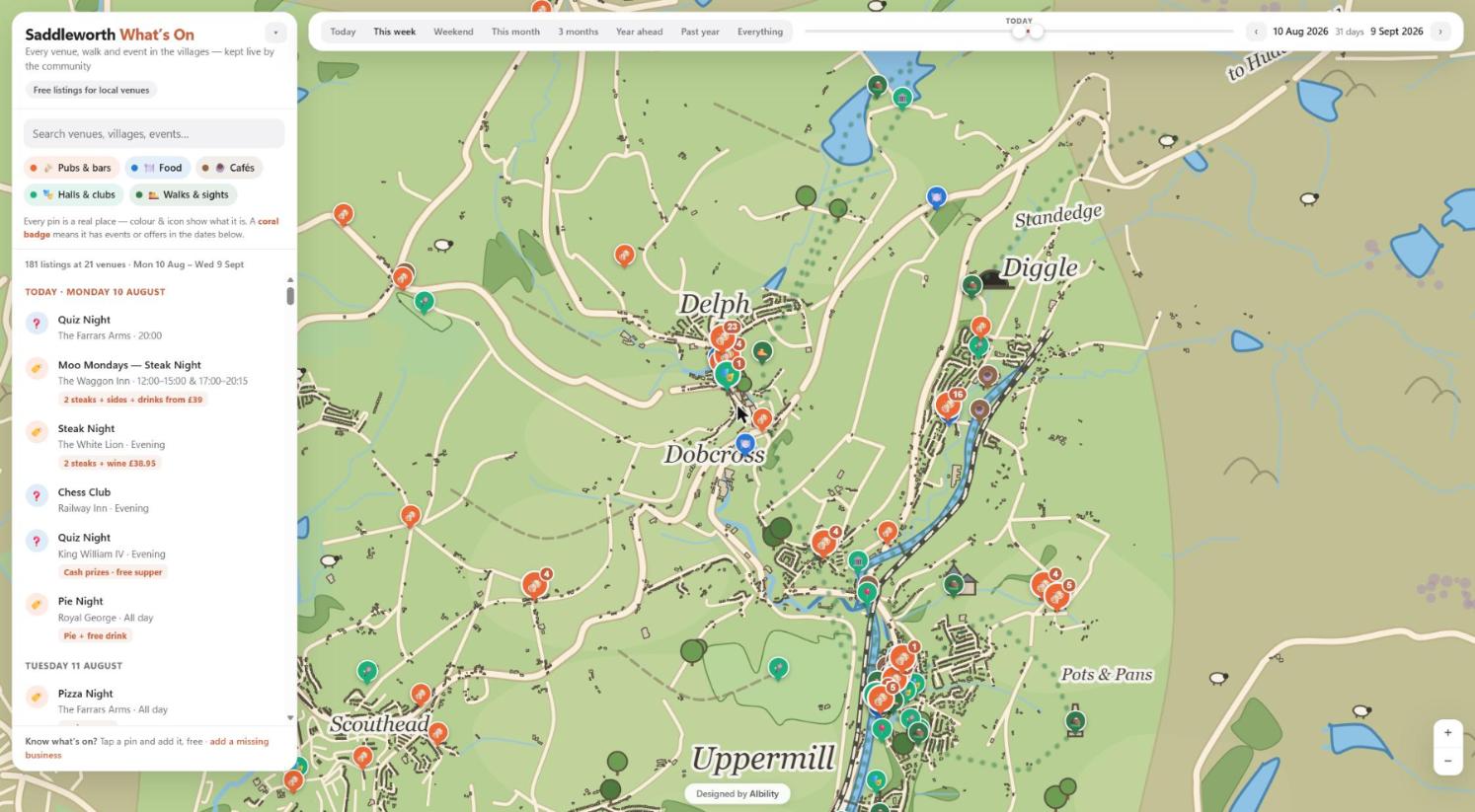 The Saddleworth What's On map: a storybook-style illustrated map of the Saddleworth villages with event pins, walking trails and a date slider